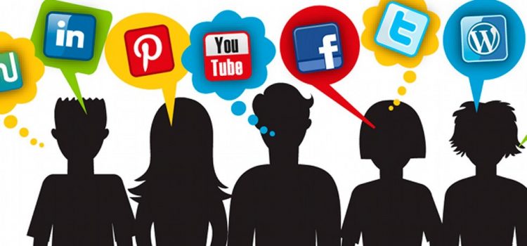 gravura representando silhueta de pessoas com balõezinhos com as logomarcas das redes sociais